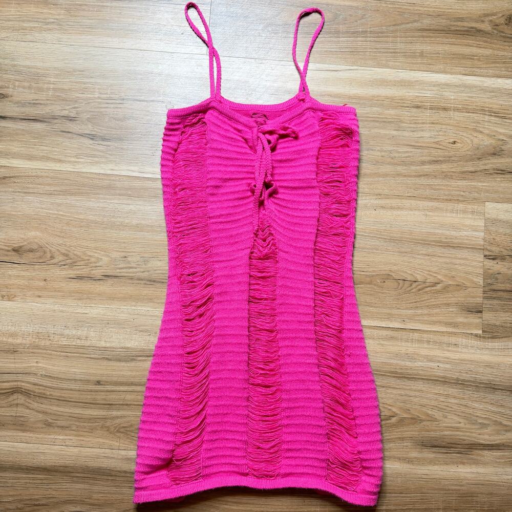 Honey Pink Hot Pink Shredded Knit Mini Dress - Barbiecore Size M